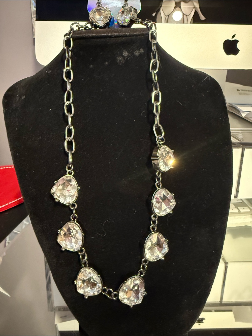 Clear Crystal Teardrop Statement Necklace - Gun Metal